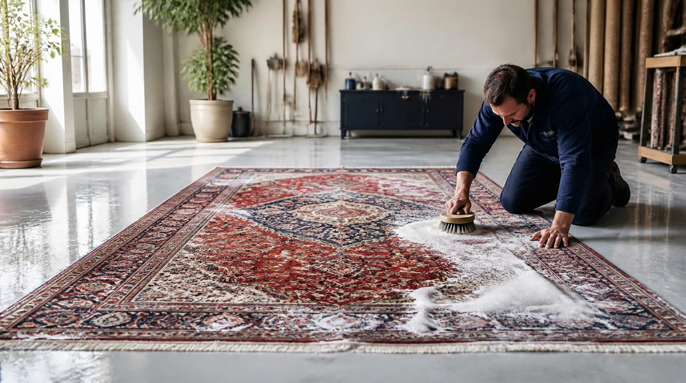 A patterned oriental rug being hand-washed with water and suds on a clean workshop floor in bright daylight